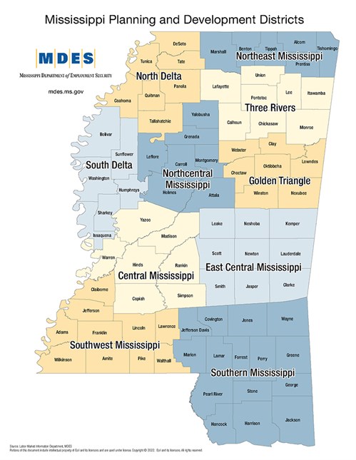 Map of Mississippi Planning and Development Districts